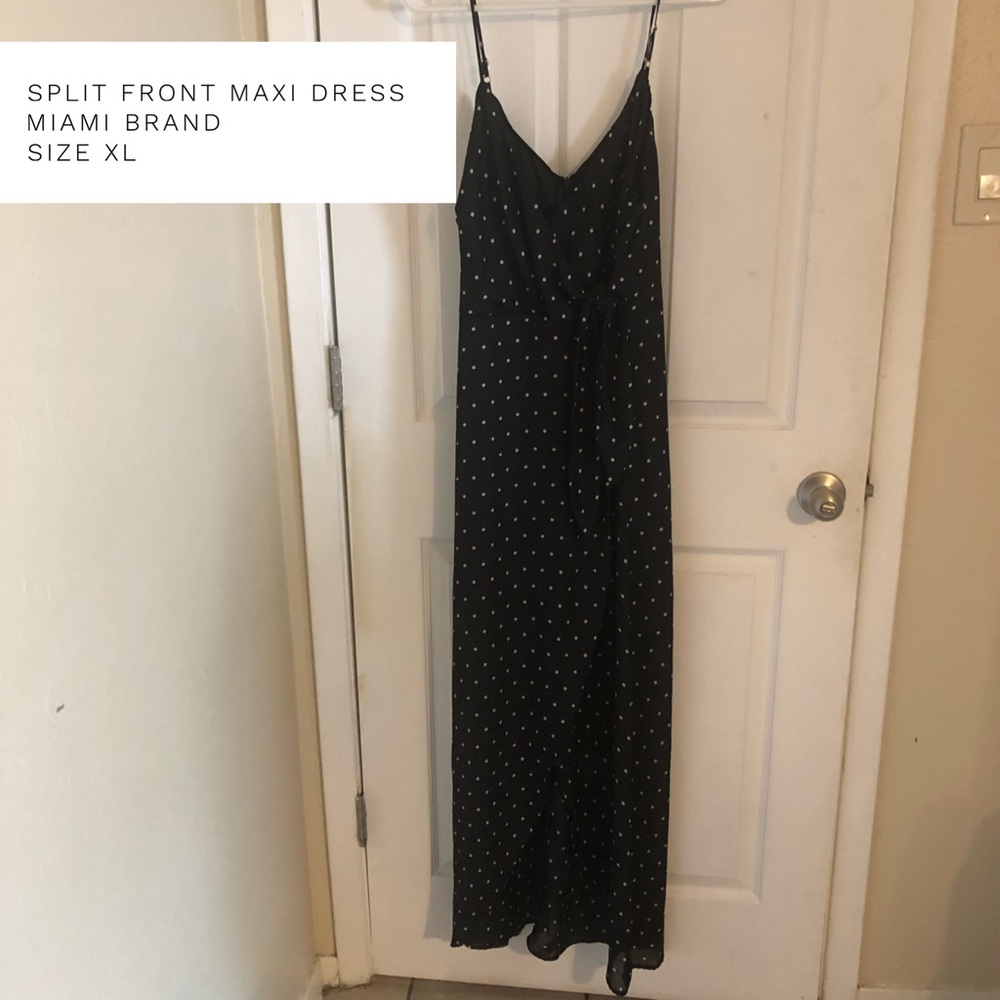 Slit front maxi dress black white polka dot